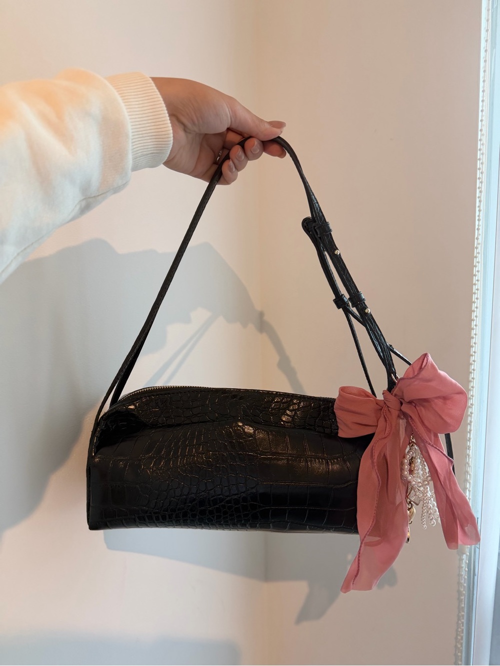 Zara Black Croc-Embossed Shoulder Bag - Picture 3 of 6